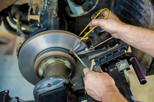 Mechanic servicing a brake disc and caliper