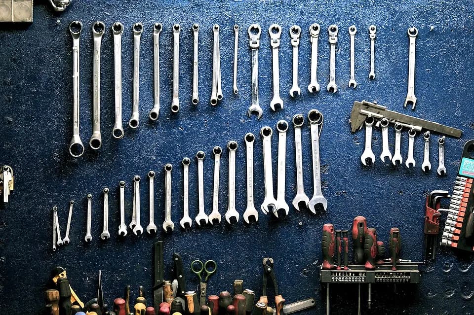 Wall of hand tools in the UTB Auto workshop